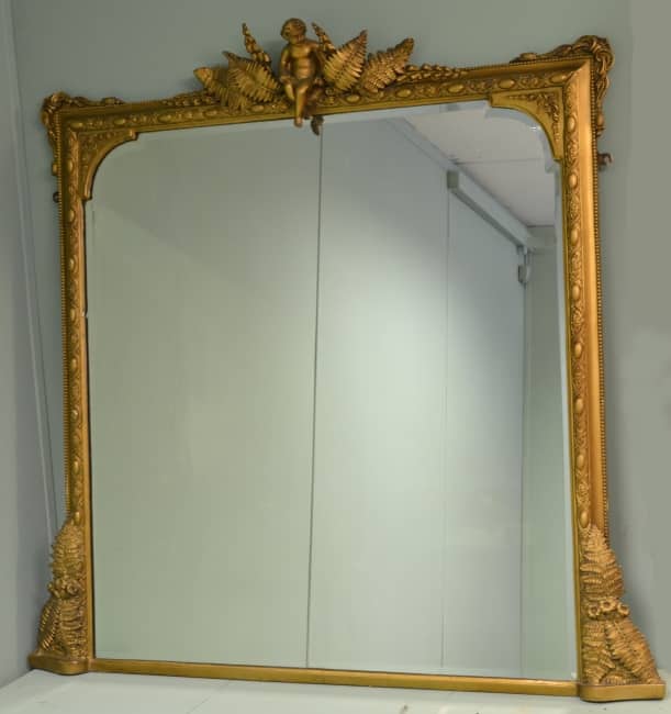 Victorian Gilt Antique Cherub Over-Mantle Mirror.