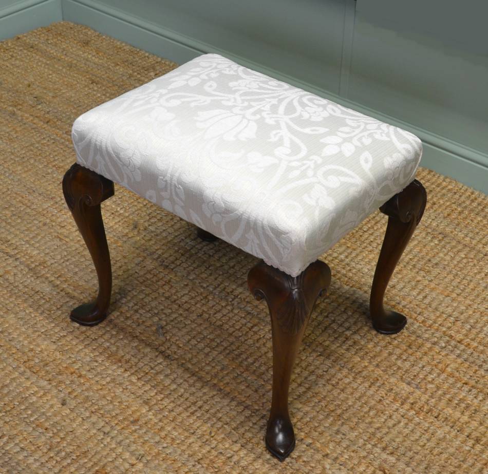 Quality, Queen Anne Design, Antique Edwardian Walnut Upholstered Stool.