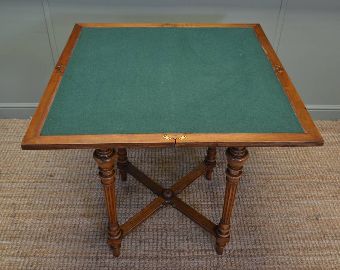 Victorian Walnut Antique Envelope Bridge Table with green baize