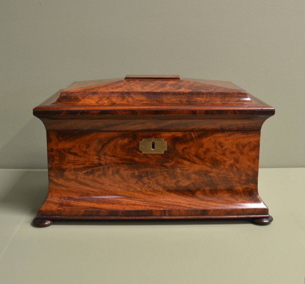 Superb Quality Large Flamed Mahogany Antique Tea Caddy