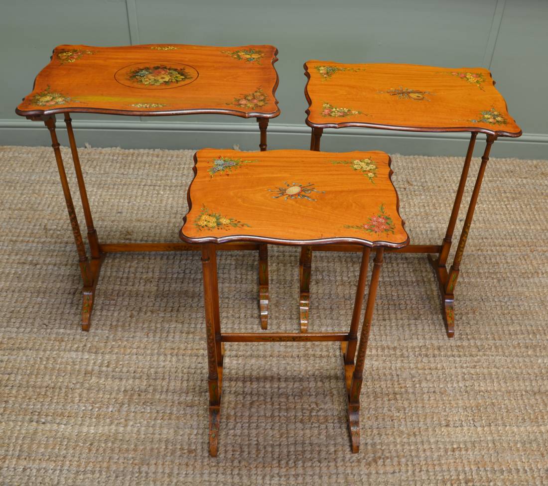 Nest of Three Painted Antique Satinwood Tables