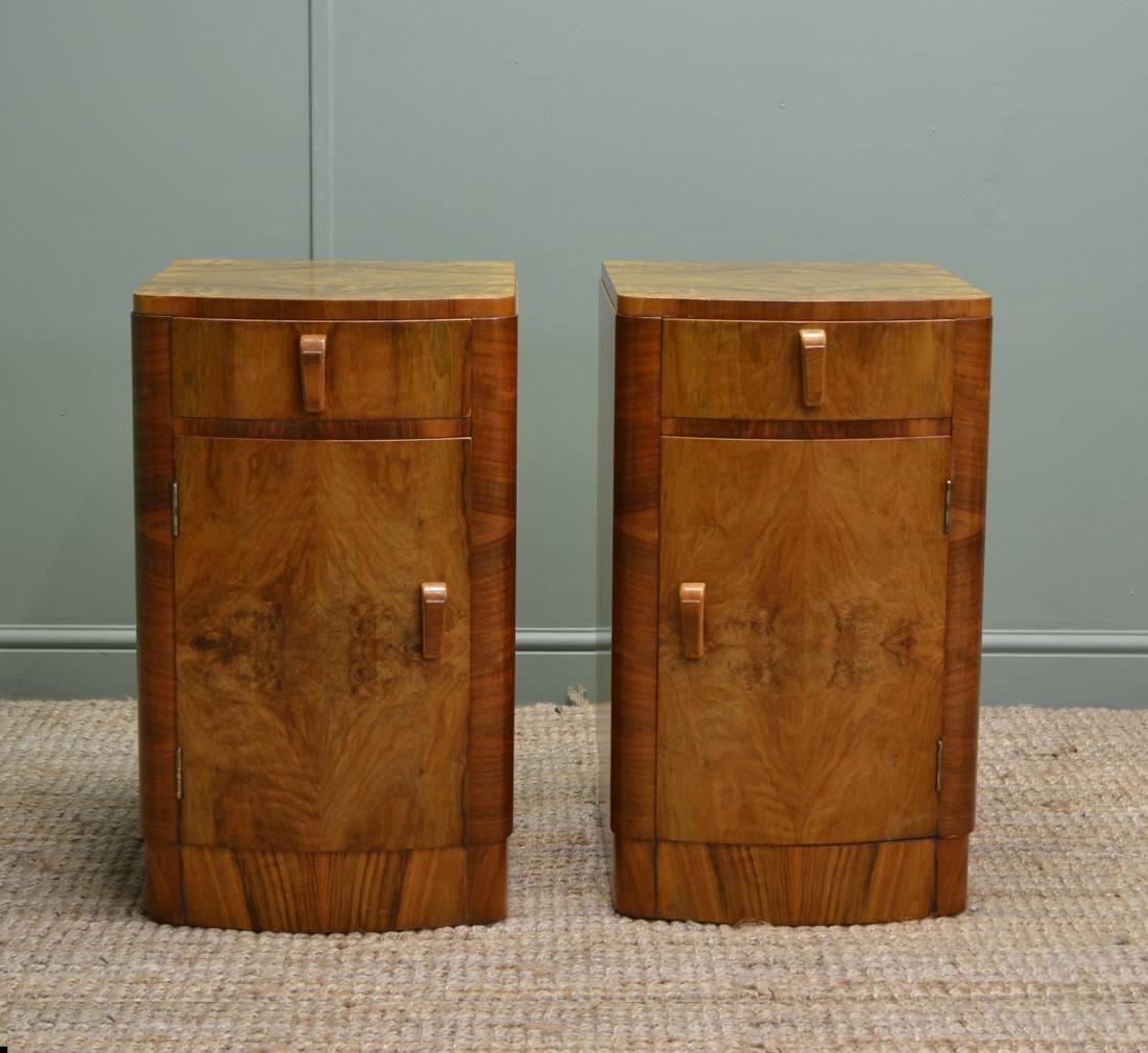 True Pair of Antique Art Deco Figured Walnut Bedside Cabinets