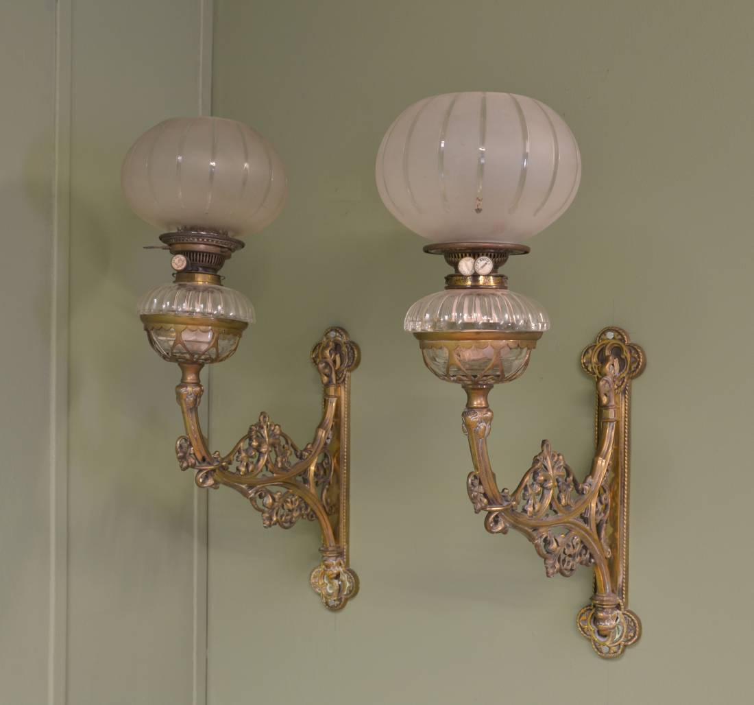 Pair of Decorative Antique Brass French Oil Lamps