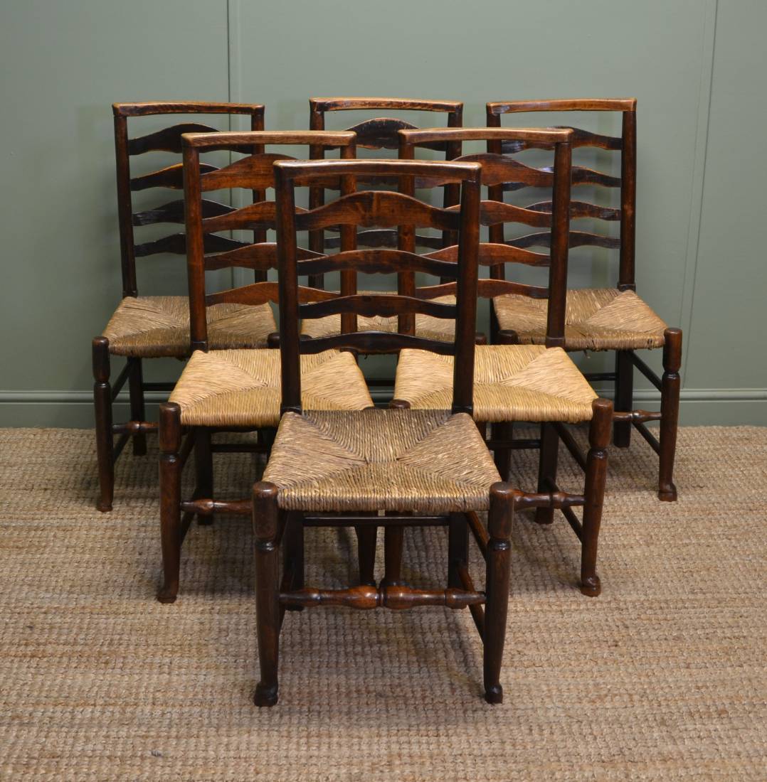 Set of Six Georgian Country Oak Harlequin Antique Ladder Back Chairs