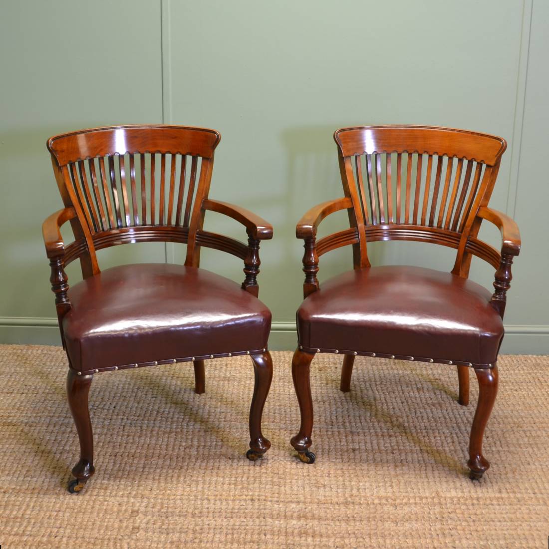 Fabulous Quality Victorian Solid Walnut Antique Pair Of Office Chairs by Lambs