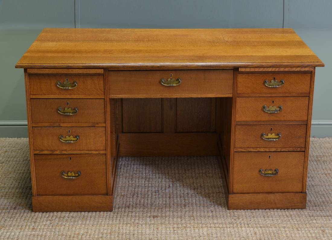 Arts And Crafts Victorian Golden Oak Antique Pedestal Desk