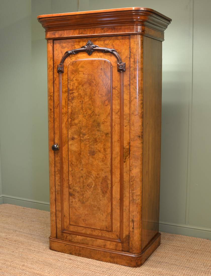 Unusual Burr Walnut Victorian Antique Single Wardrobe