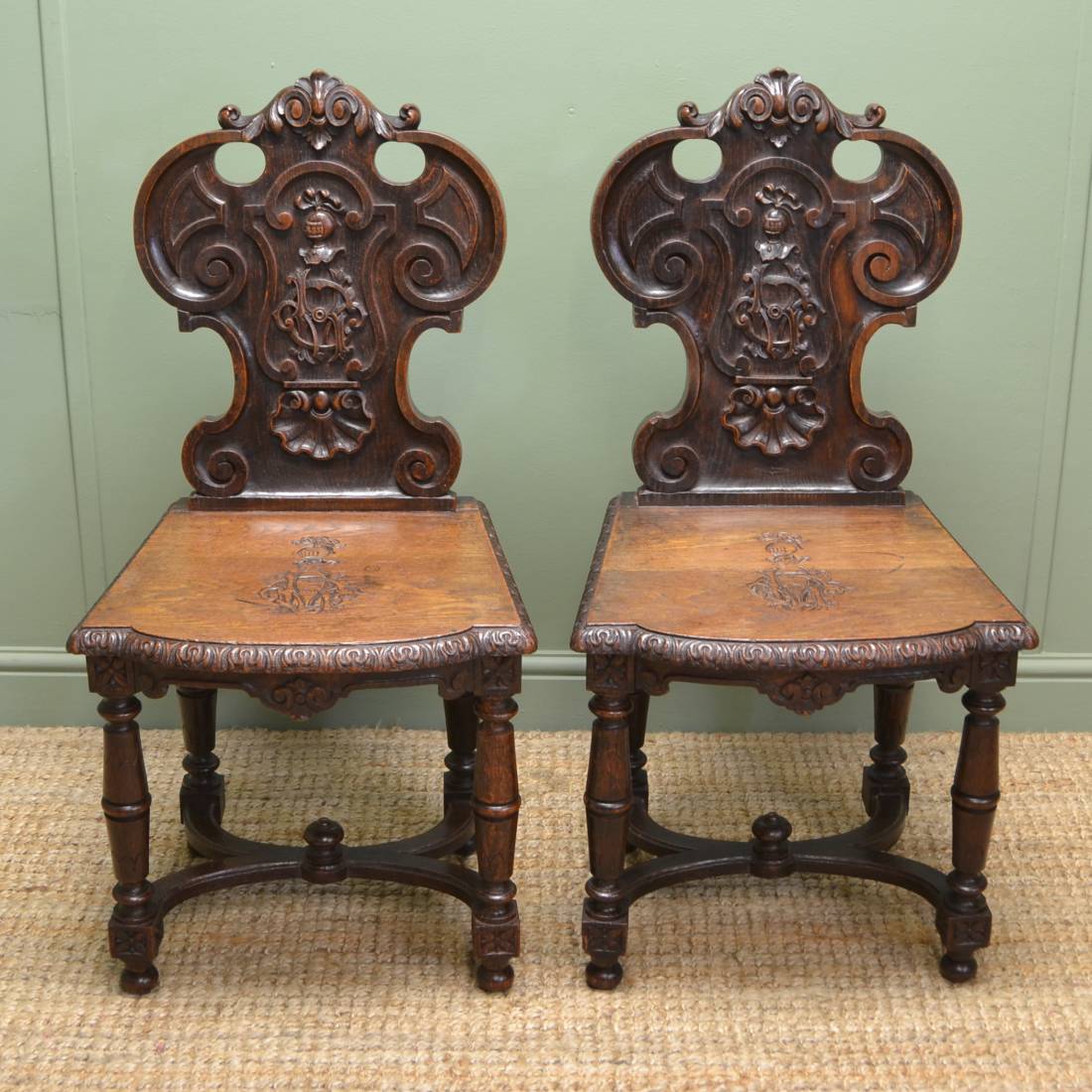 Spectacular Pair Of Country Victorian Carved Oak Antique Hall Chairs