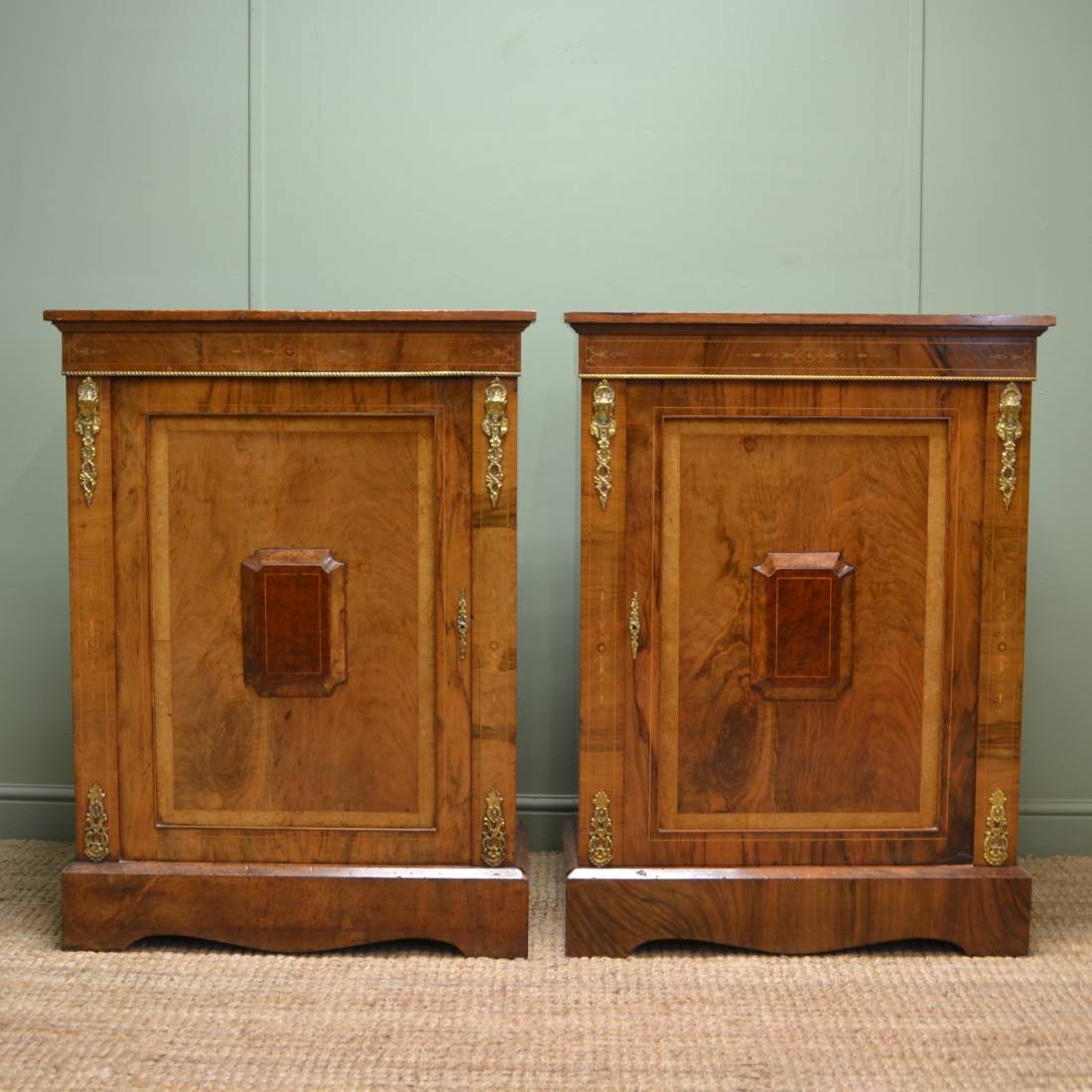 Unique Pair Of Quality Figured Walnut Antique Victorian Cabinets