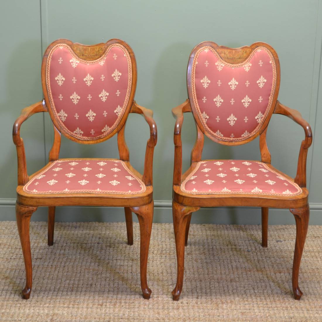 Unusual Pair Of Antique Elegant Inlaid Satinwood Victorian Side Chairs