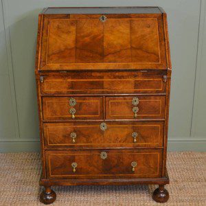 Rare Georgian Yew Wood Antique Bureau 14 Walnut & Feather Banded Bureau of Superb Small Proportions