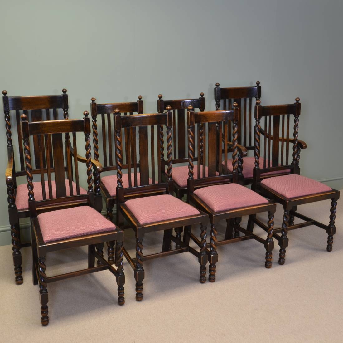 Super Set Of Eight Barley Twist Oak Antique Dining Chairs