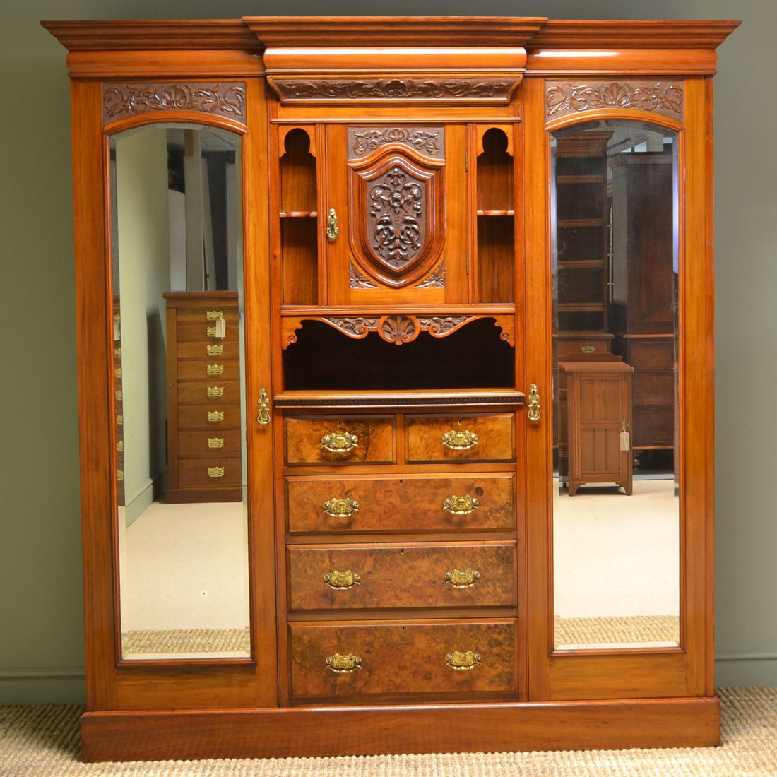 Spectacular Maple & Co Figured Walnut Victorian Antique Triple Wardrobe