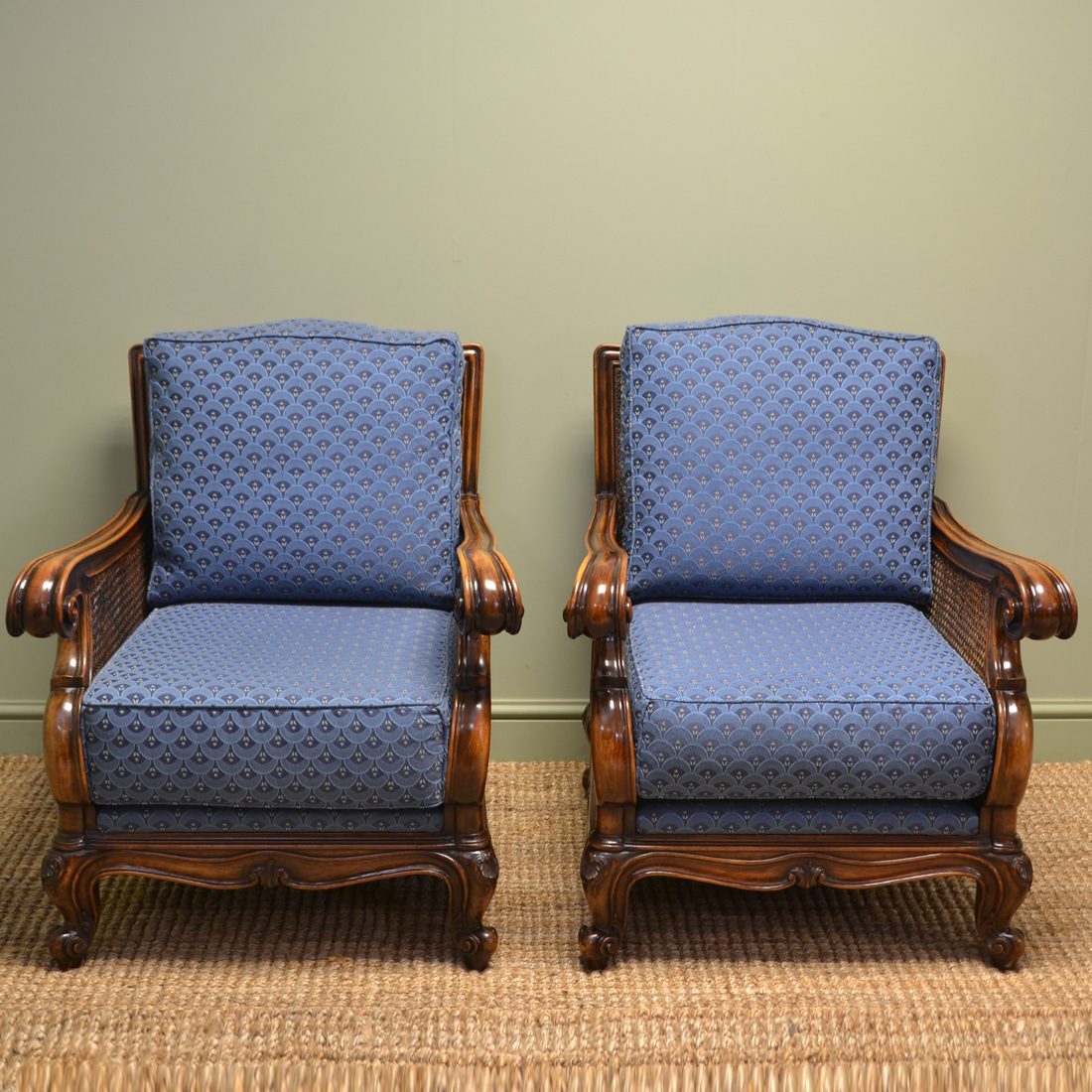Pair of Matching Edwardian Walnut Antique Bergere Arm Chairs
