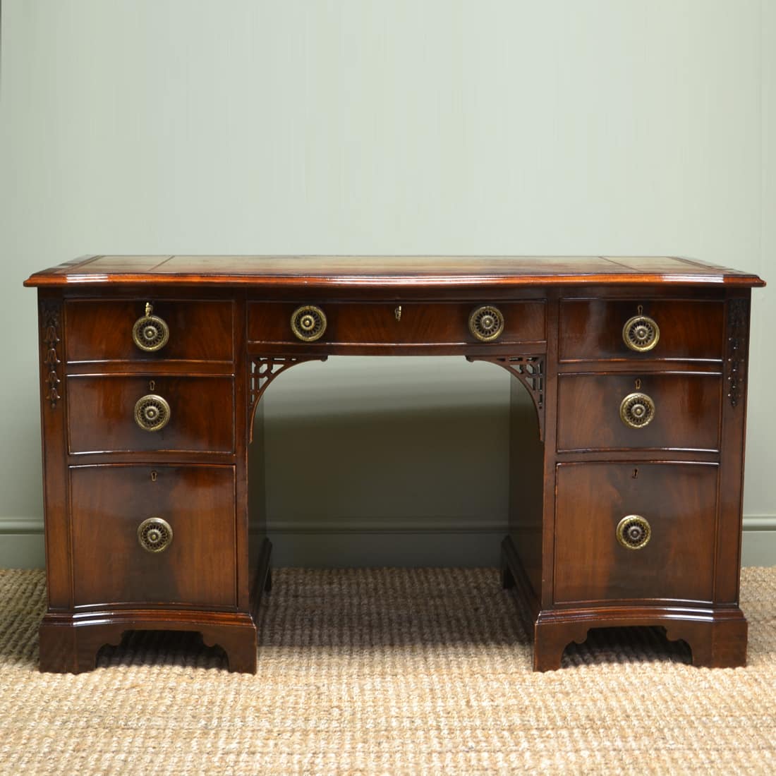 Serpentine Shaped Front Edwardian Figured Mahogany Antique Desk