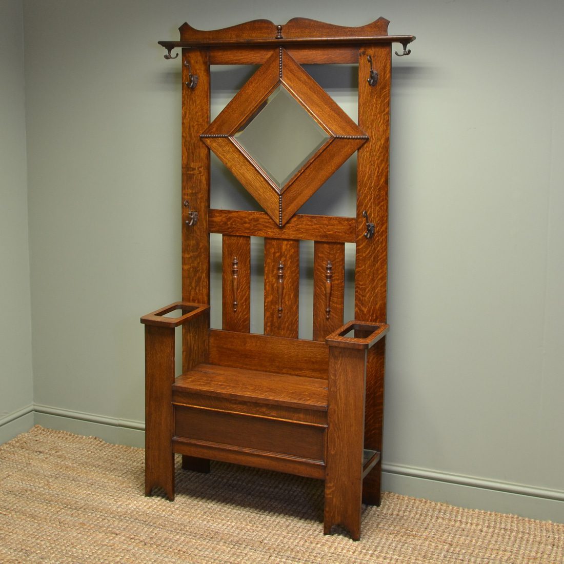 Solid Oak Antique Edwardian Hall Stand with Seat