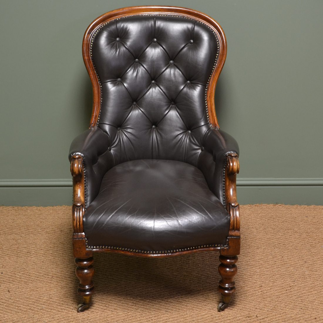 Magnificent Victorian Mahogany / Leather Button Back Antique Arm Chair