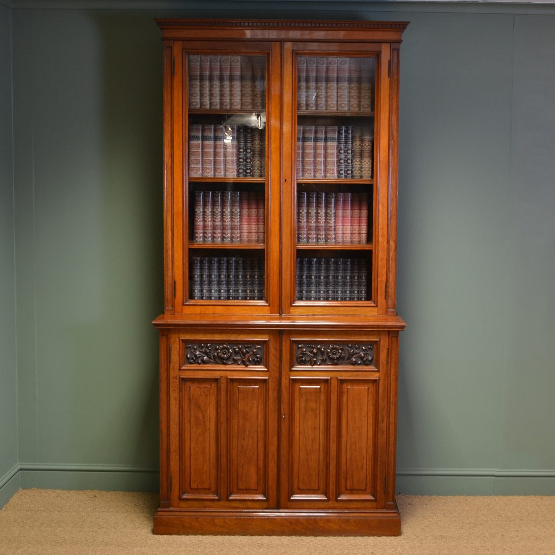 High Quality Victorian Warm Walnut Antique Bookcase on Cupboard by Edwards & Sons