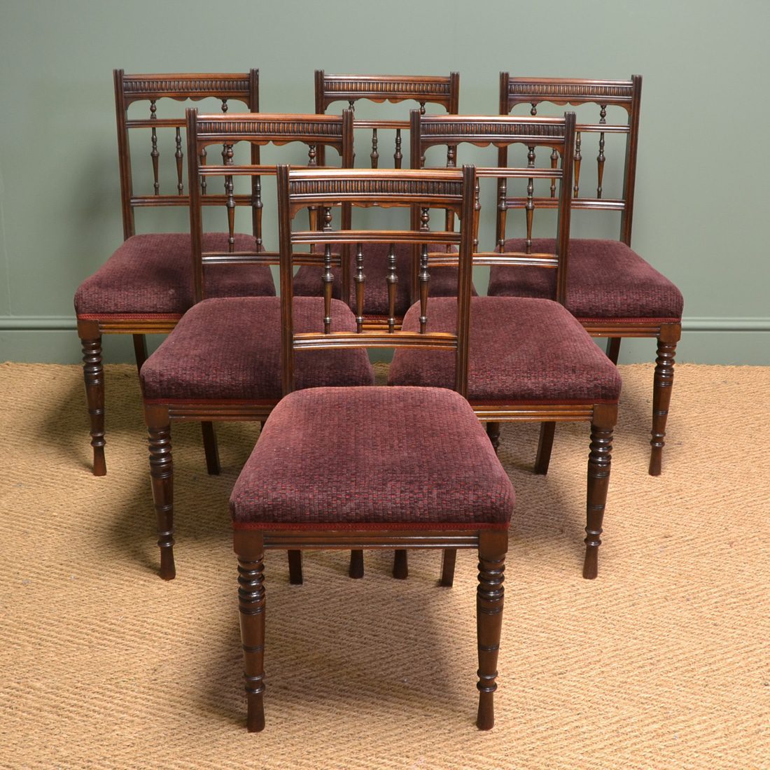 Quality Set of Six Victorian Walnut Antique Dining Chairs by Hampton & Sons