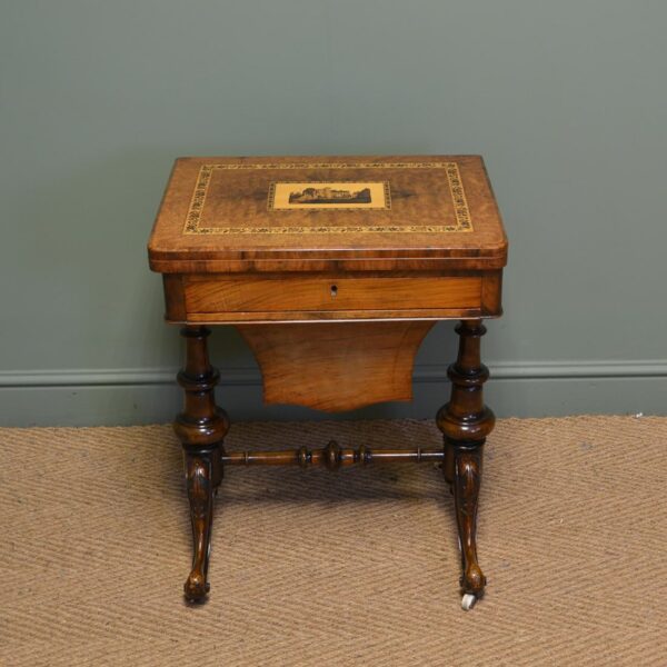 Spectacular William IV Mahogany Antique Sewing Work Table 14 Burr Walnut Tunbridge Inlaid Victorian Antique Games Work Box