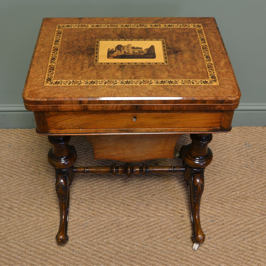 Spectacular Quality Figured Burr Walnut Tunbridge Inlaid Victorian Antique Games Table Work Box.