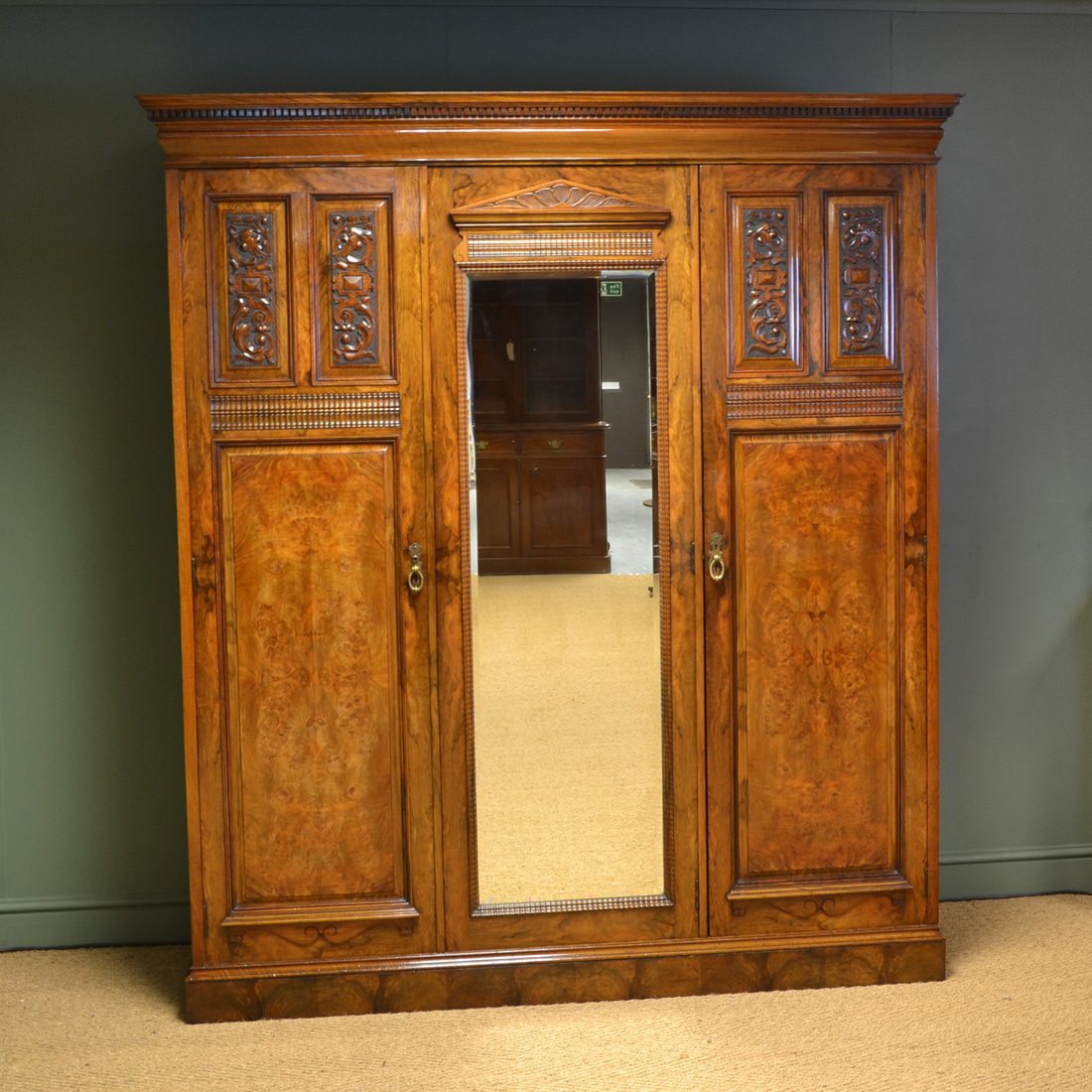 Striking Victorian Figured Burr Walnut Antique Triple Wardrobe By Philips & Jones