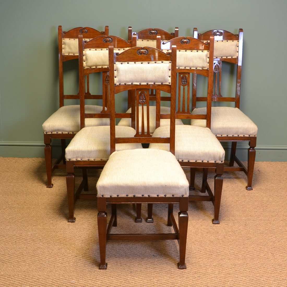 Set of Six Walnut Arts & Crafts Victorian Antique Dining Chairs