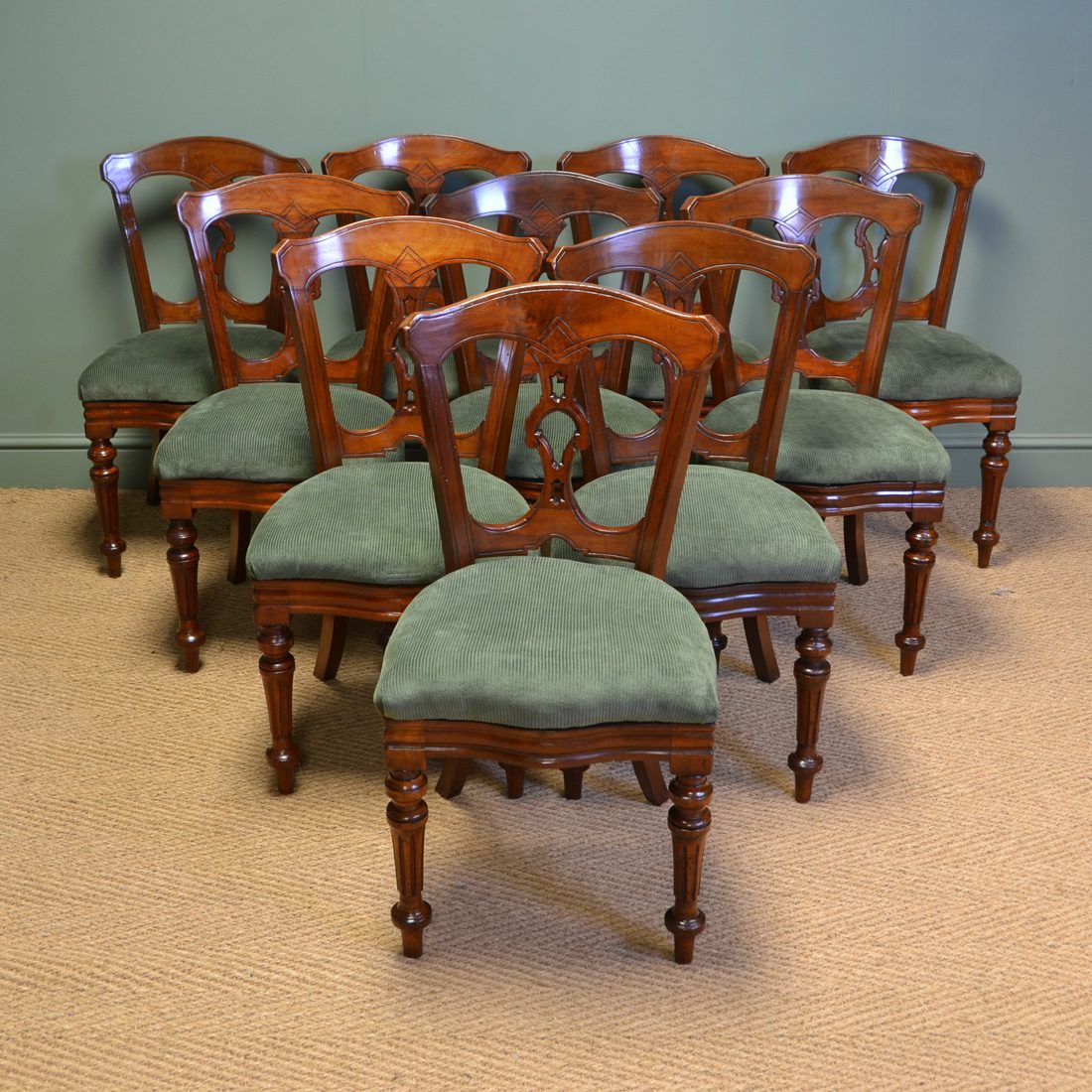 Superb Quality Set of Ten Victorian Mahogany Antique Dining Chairs by J. Reilly