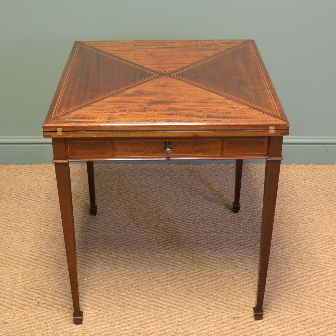 Large Inlaid Envelope Mahogany Antique Card / Games Table.