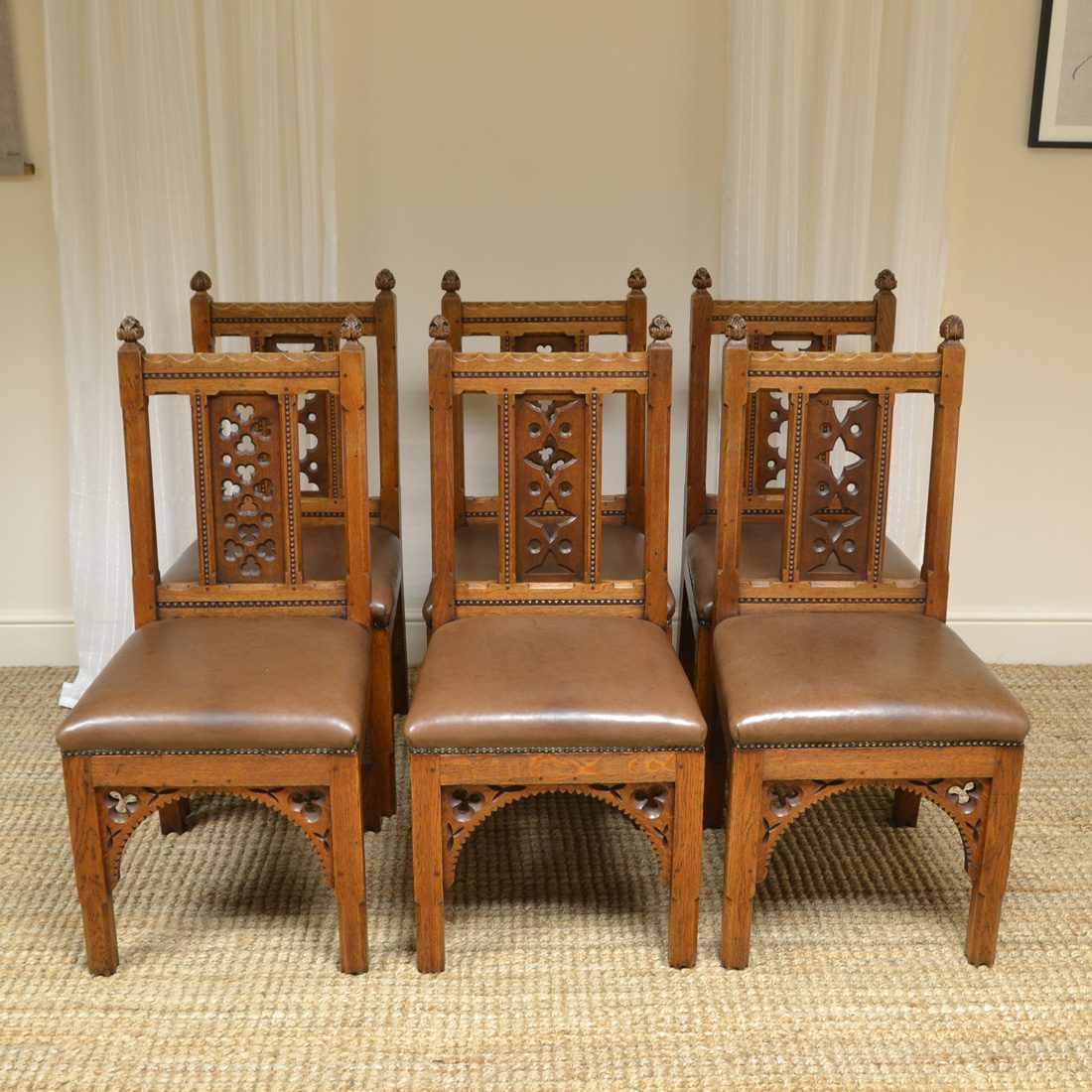 Rare Set Of Six Pugin Design Victorian Golden Oak Antique Dining Chairs