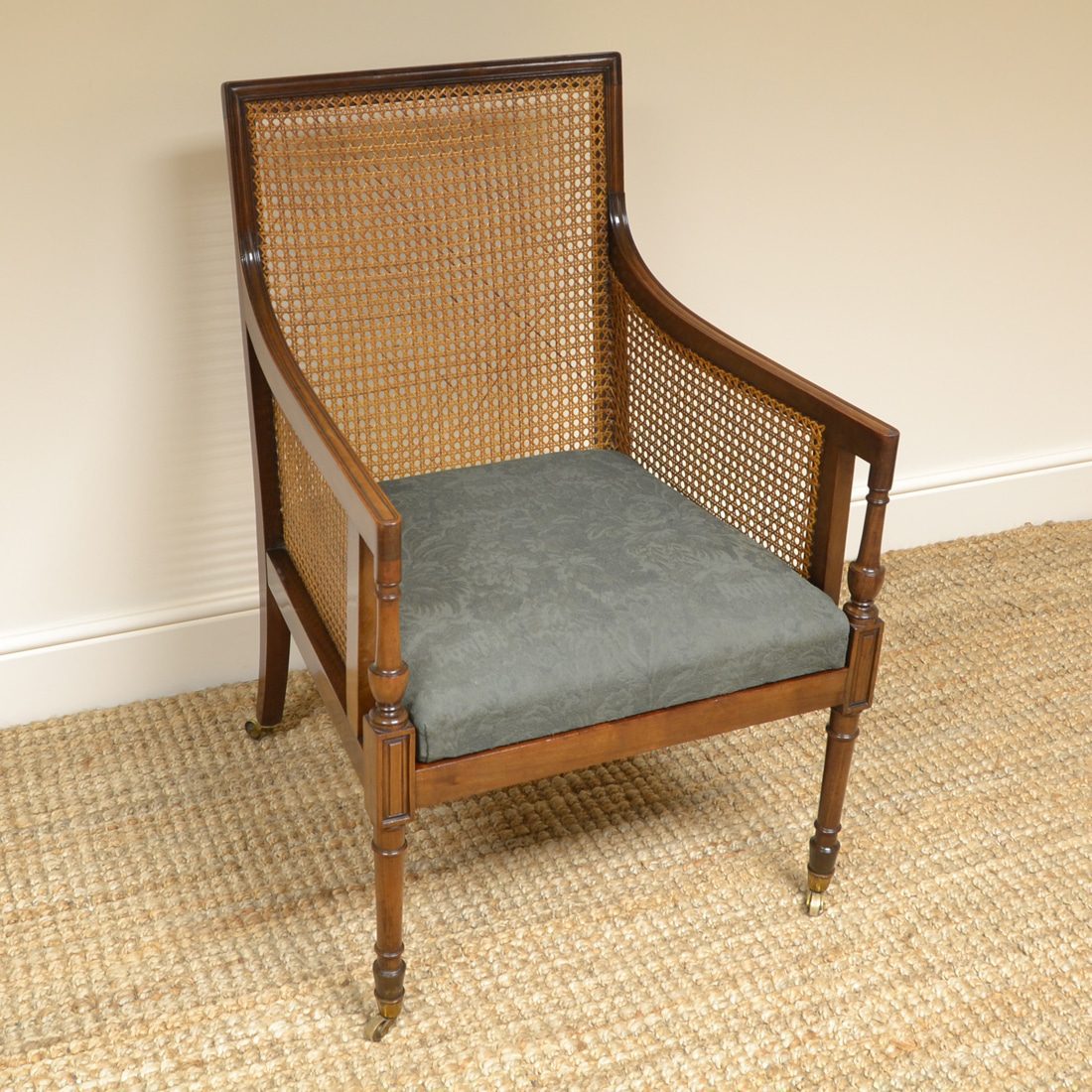 Victorian Mahogany Caned Upholstered Bergere Chair