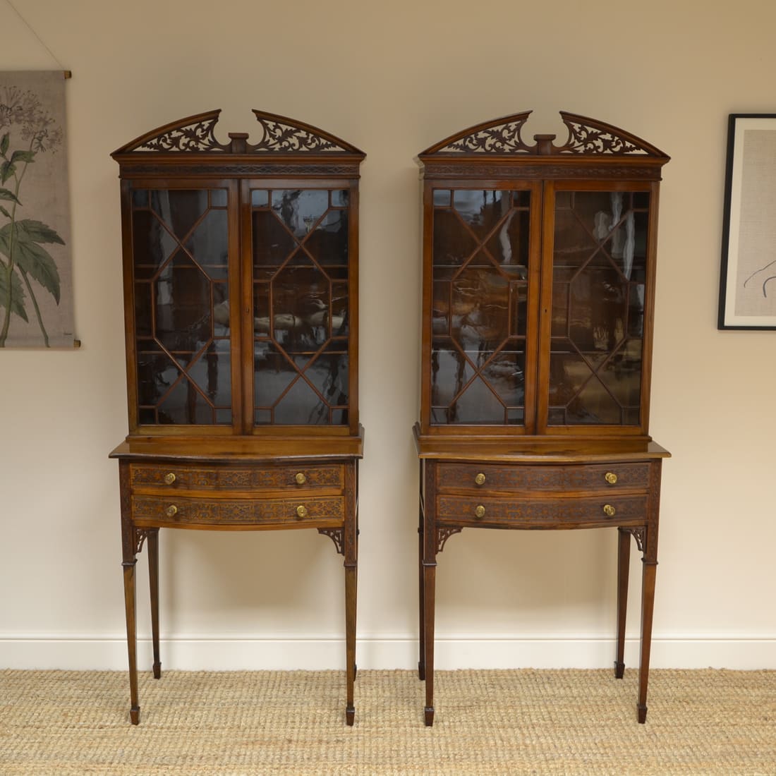 Chippendale Design Edwardian Walnut Pair of Antique Bookcases