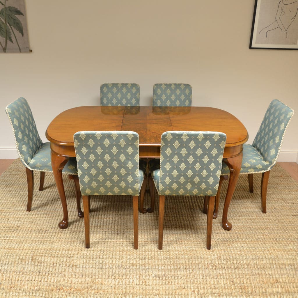 Stylish Art Deco Figured Walnut Antique Table and Six Chairs