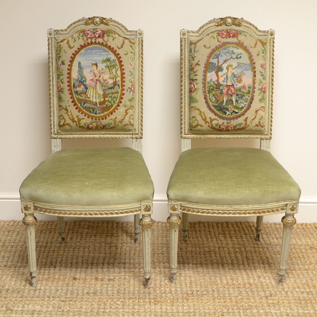 Unusual Decorative Antique Pair Painted His & Hers Victorian Chairs