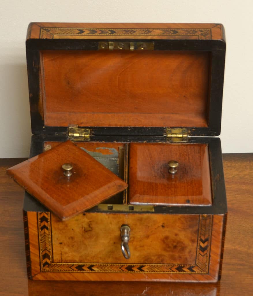 Stunning Burr Walnut, Tunbridge Inlaid Small Antique Tea Caddy