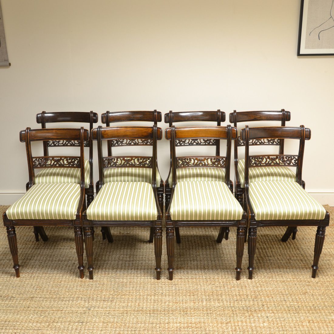 High Quality Set of Eight Regency Walnut Antique Dining Chairs