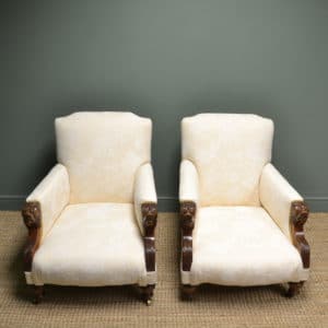 Quality Large Upholstered Antique Arm Chair / Throne Chair 17 Upholstered Victorian Antique Arm Chairs with carved Lion arms