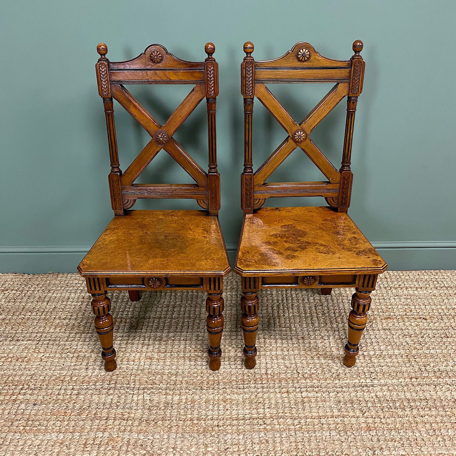 Pair of Victorian Pollard Oak Antique Hall Chairs