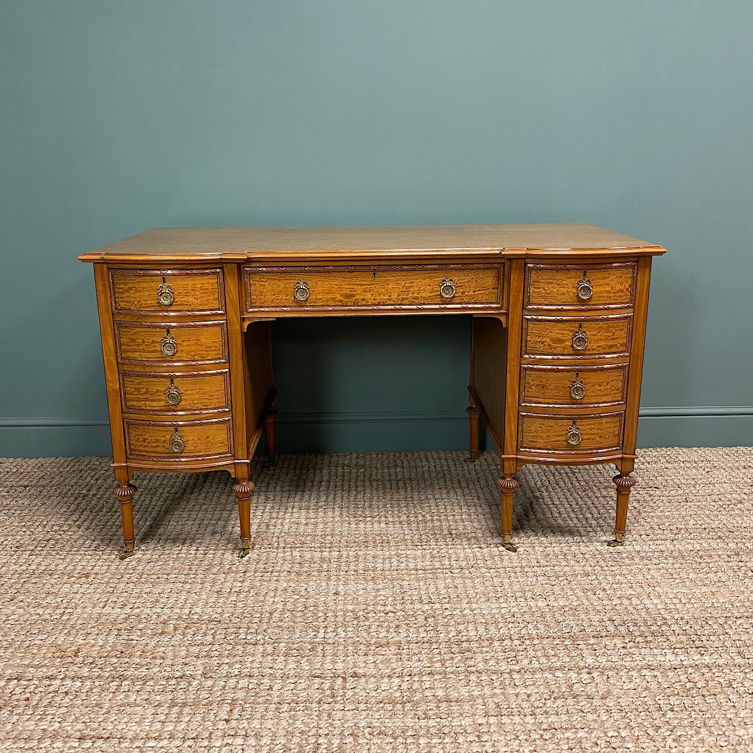 Fine Quality Large Edwardian Satinwood Antique Pedestal Desk