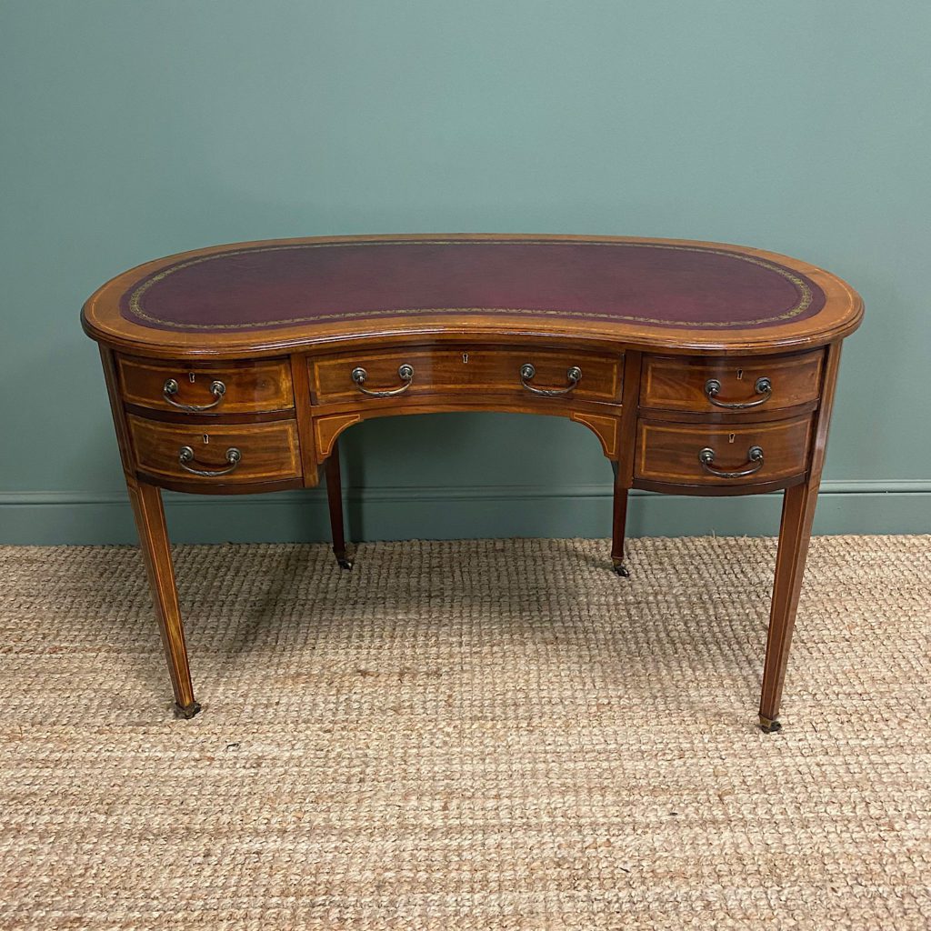 Beautiful Inlaid Victorian Mahogany Antique Kidney Shaped Writing Desk