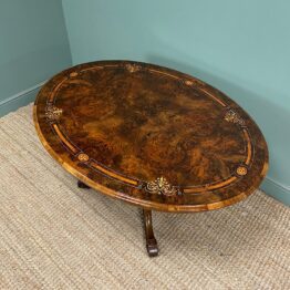 Magnificent Figured Walnut Inlaid Antique Oval Walnut Dining Table