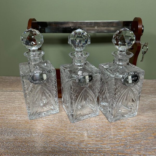 Stunning Mahogany Tantalus with Gin, Whiskey & Brandy Silver Decanter Labels