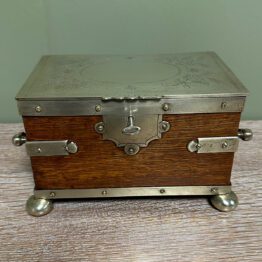 Quality Antique Oak Tea Caddy with Silver Plated Decoration