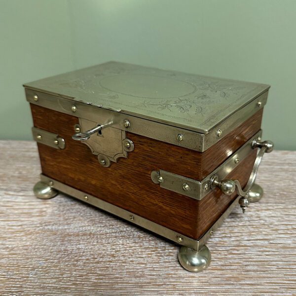 Quality Antique Oak Tea Caddy with Silver Plated Decoration