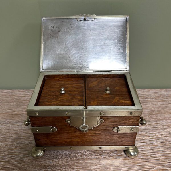 Quality Antique Oak Tea Caddy with Silver Plated Decoration