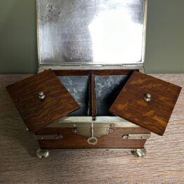 Quality Antique Oak Tea Caddy with Silver Plated Decoration