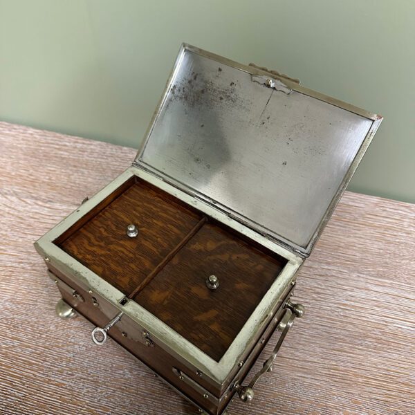 Quality Antique Oak Tea Caddy with Silver Plated Decoration