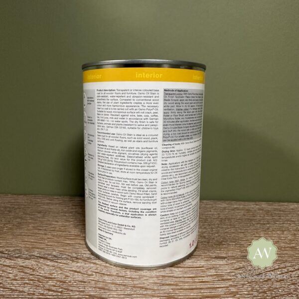 Osmo Oil Stain back of tin with label