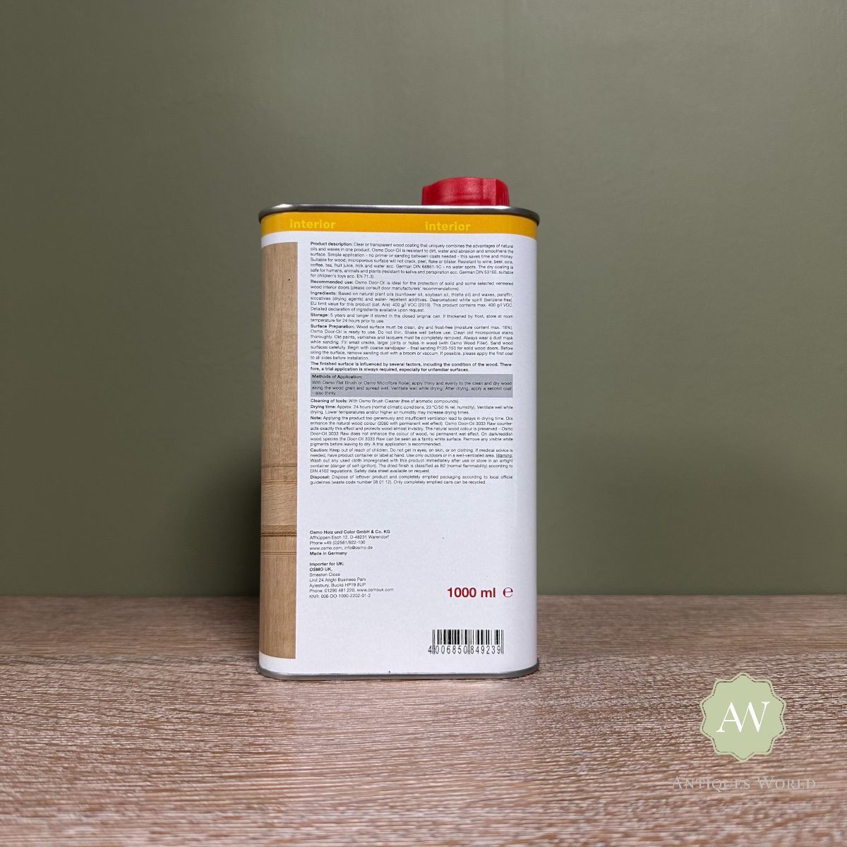 Osmo Door Oil - 1 Litre + Free Lint Free Cloth 4 Osmo Door Oil back of tin with label