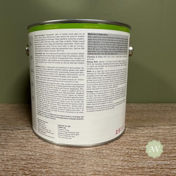 Osmo Decking Oil back of tin with label